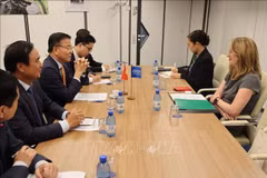 Le vice-Premier ministre Le Thanh Long travaille avec Amy Pope, directrice générale de l’Organisation internationale pour les migrations (OIM). Photo: VNA