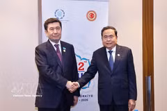 Le président de l’Assemblée nationale, Tran Thanh Man (à droite), et le président de la Chambre basse du Kazakhstan, Yerlan Koshanov. Photo: VNA