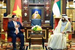 Le Premier ministre Pham Minh Chinh (gauche) rencontre le vice-président et Premier ministre des Émirats arabes unis, Cheikh Mohammed bin Rashid Al Maktoum, le 28 octobre 2024. Photo: VNA
