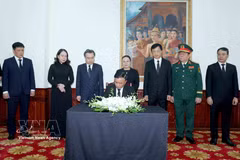 Tran Cam Tu, membre du Bureau politique et permanent du Secrétariat du Comité central du Parti écrit dans le registre de condoléances. Photo: VNA