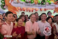 Le ministre singapourien de la Main-d'œuvre, Tan See Leng (centre) visite le stand de la VNAS. Photo: VNA