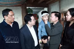 Le vice-Premier ministre Tran Hong Ha (2e de droite) rend visite à l'enfant rescapé du naufrage. Photo: VNA