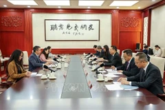 Séance de travail entre l'ambassadeur du Vietnam en Chine, Pham Thanh Binh, et Wang Gang, chef adjoint du Département de l’information du Comité central du PCC. Photo: VNA