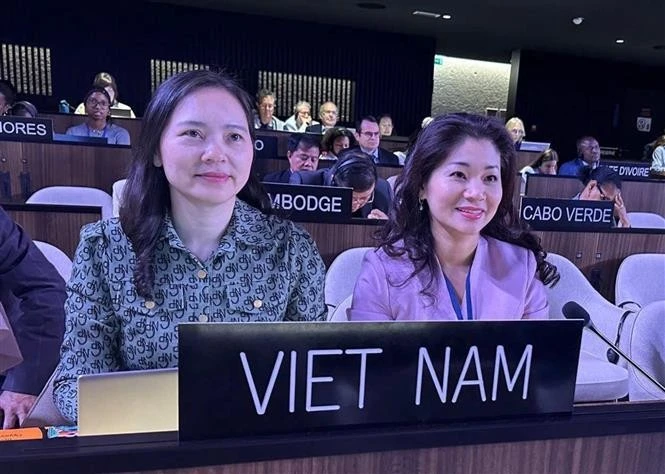 L’ambassadrice Nguyen Thi Van Anh (gauche), cheffe de la Mission permanente du Vietnam auprès de l’UNESCO, et la docteure Nguyen Phuong Hoa, directrice du Département de la coopération internationale, à la 10ᵉ session de la Conférence des Parties de la Convention de 2005 de l'UNESCO, à Paris. Photo: VNA