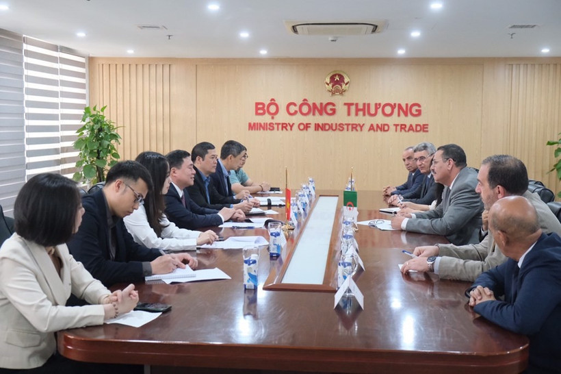 Séance de travail entre le vice-ministre de l'Industrie et du Commerce, Nguyen Sinh Nhat Tan et le président du Groupe des parlementaires d'amitié Algérie-Vietnam, Saleh Djeghloul. Photo: VNA
