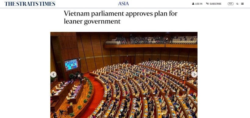 Article de Straits Times sur le plan du Vietnam visant à rationaliser son appareil d'État. Photo: VNA