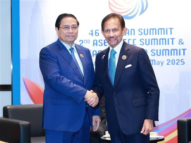 Le Premier ministre Pham Minh Chinh (gauche) rencontre le Sultan de Brunei en marge du 46e Sommet de l’ASEAN. Photo: VNA