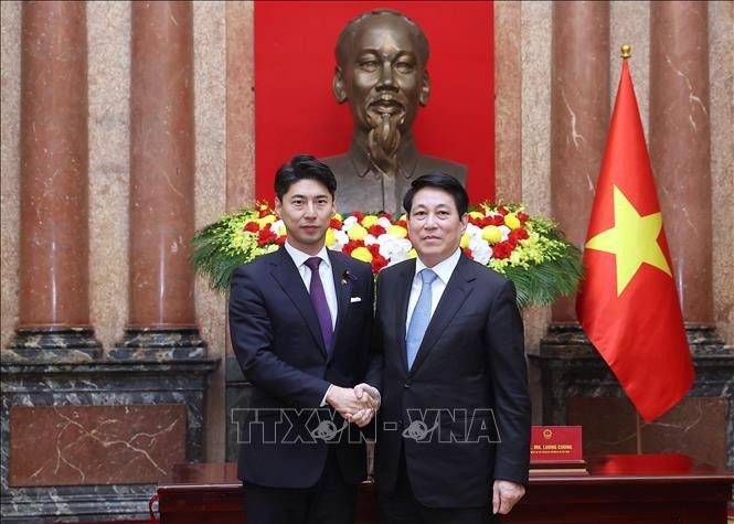 Le président de la République, Luong Cuong (droite), et Nakasone Yasutaka, membre de la Chambre des représentants du Japon, chef de la division jeunesse du PLD. Photo: VNA