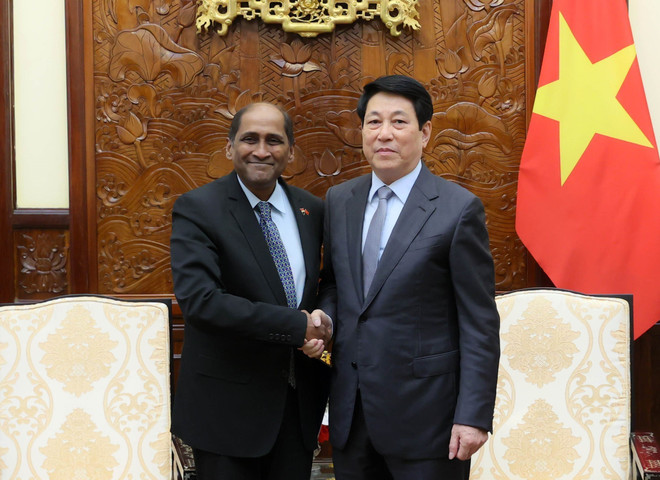 Le président Luong Cuong (droite) et l'ambassadeur de Singapour Jaya Ratnam. Photo: VNA singapour.jpg