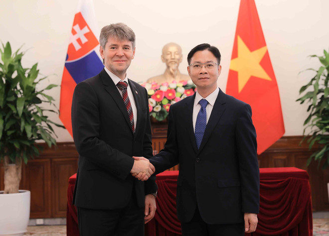 Le vice-ministre vietnamien des Affaires étrangères Ngô Lê Van (droite) et le secrétaire d'État au ministère slovaque des Affaires étrangères et européennes Marek Estok. Photo: VNA slovaquie.jpg