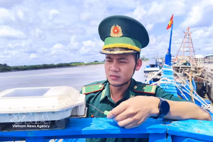 Le commandant Phan Minh Vuong, chef du poste de contrôle frontalier de Ganh Hao, dans la province de Ca Mau, vérifie lui-même le système de surveillance des navires par satellite (VMS) à bord d’un bateau de pêche. Photo : VNA