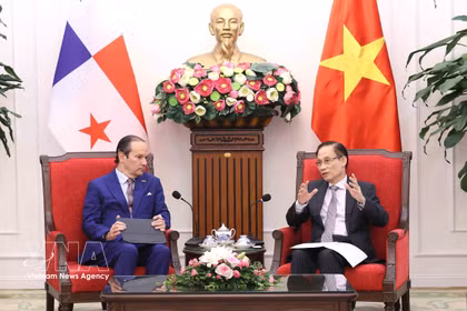 Le ministre des Affaires étrangères Le Hoai Trung (à droite) s'est entretenu, dans l'après-midi du 7 octobre à Hanoï, avec son homologue panaméen Javier Eduardo Martínez-Acha Vásquez. Photo : VNA