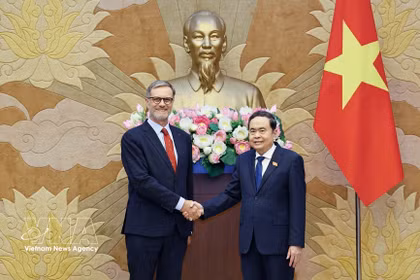 Le président de l'AN du Vietnam Tran Thanh Man (à droite) reçoit l’ambassadeur de France au Vietnam, Olivier Brochet. Photo : VNA