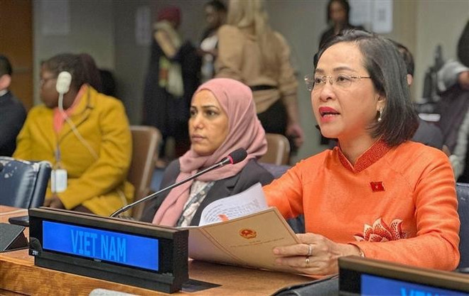La vice-présidente de l'Assemblée nationale vietnamienne, Nguyen Thi Thanh, au débat général de la 69e session de la Commission de la condition de la femme (CSW) du Conseil économique et social des Nations Unies (ECOSOC). Photo: VNA vna-potal-pho-chu-tich-quoc-hoi-nguyen-thi-thanh-tham-du-khoa-hop-cua-uy-ban-dia-vi-phu-nu-hoi-dong-kinh-te-xa-hoi-lhq-7908003.jpg