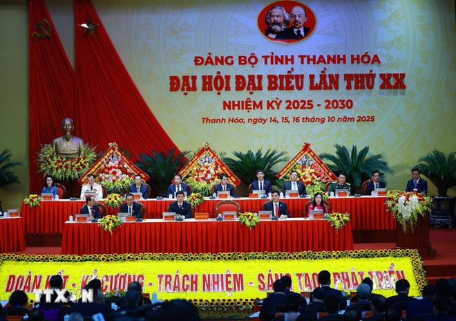 Le 20ᵉ Congrès de l’organisation du Parti de la province de Thanh Hoa, pour le mandat 2025-2030. Photo: VNA thu-tuong-pham-minh-chinh-du-dai-hoi-dai-bieu-dang-bo-tinh-thanh-hoa-lan-thu-xx-8339509-5.jpg