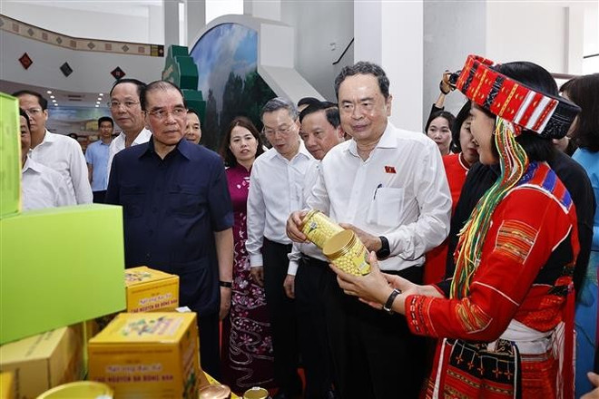 Trân Thanh Mân à l’exposition thématique « Du Congrès de Tan Trao à l’Assemblée nationale actuelle », organisée par le Bureau de l’AN en coordination avec la Commission des affaires des députés. Photo: VNA vna-potal-chu-tich-quoc-hoi-du-chuong-trinh-tro-ve-nguon-huong-toi-tuong-lai-8214801.jpg