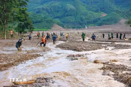 Des militaires recherchent les personnes portées disparues suite à un glissement de terrain à Lang Nu, commune de Phuc Khanh, district de Bao Yen, province de Lao Cai. Photo: VNA