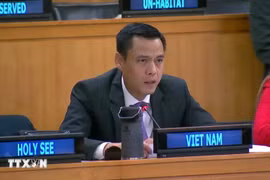 Au nom de l'ASEAN, l'ambassadeur Dang Hoang Giang, chef de la Mission permanente du Vietnam auprès de l'ONU, prononce un discours lors du débat. Photo: VNA