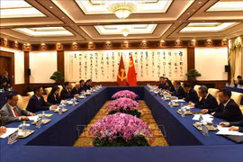 Entretien entre Nguyen Trong Nghia, membre du Bureau politique, secrétaire du Comité central du PCV, chef de la Commission de sensibilisation et d’éducation du Comité central du PCV, et Li Shulei, membre du Bureau politique du Comité central du Parti communiste chinois (PCC) et chef du Département de l'information du Comité central du PCC. Photo: VNA