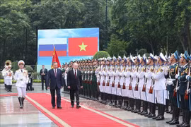Le président To Lam et son homologue russe Vladimir Poutine lors de la cérémonie d'accueil officielle le 20 juin à Hanoï. Photo: VNA
