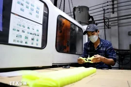 Un ouvrier fabrique des moules en plastique pour produire des chaussures en cuir dans une usine située à la ville de Thuan An, province de Binh Duong. Photo: VNA