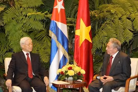 Entretien entre le secrétaire général du Comité central du Parti communiste du Vietnam (PCV), Nguyen Phu Trong (gauche), et le premier secrétaire du Parti communiste de Cuba, Raul Castro Ruz, le 29 mars 2018 à La Havane. Photo : VNA