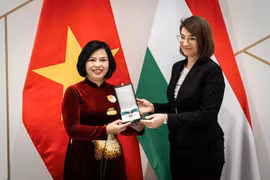La secrétaire d'État aux relations bilatérales, Illés Boglárka, remet l'Ordre du Mérite hongrois à l’ambassadrice du Vietnam en Hongrie, Nguyen Thi Bich Thao (droite). Photo: VNA