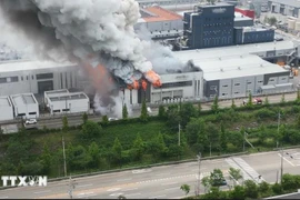 Incendie dans l'usine de batteries au lithium à Hwaseong, au sud de Séoul, le 24 juin 2024. Photo : Yonhap