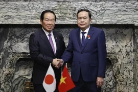 Le président de l'Assemblée nationale (AN) du Vietnam Tran Thanh Man (à droite) s'est entretenu le 4 décembre avec le président de la Chambre des représentants du Japon, Nukaga Fukushiro. Photo : VNA