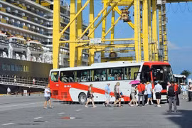 Les croisiéristes du Noordam prennent le bus pour visiter la ville de Da Nang. Photo : VNA