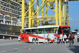 Les croisiéristes du Noordam prennent le bus pour visiter la ville de Da Nang. Photo : VNA