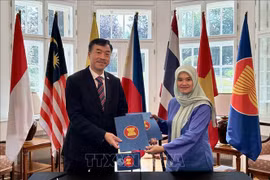 L’ambassadeur du Vietnam en République tchèque, Duong Hoai Nam, reçoit la présidence tournante du Comité de l'ASEAN en République tchèque (ACP), transférée par l’ambassadrice de Malaisie, Suzilah Mohd Sidek. Photo: VNA