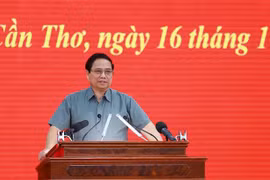 Le Premier ministre Pham Minh Chinh s'exprime lors de la conférence sur les infrastructures de transport au delta du Mékong. Photo: VNA