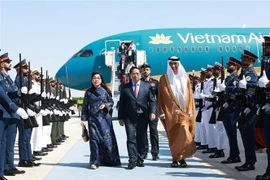 Le Premier ministre Pham Minh Chinh et son épouse à leur descente d’avion à l’aéroport international Zayed d’Abu Dhabi. Photo: VNA
