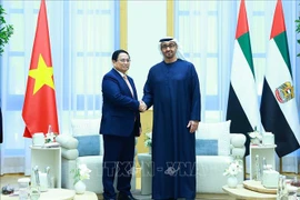 Le Premier ministre Pham Minh Chinh (à gauche) serre la main du président des Émirats arabes unis Mohamed bin Zayed Al Nahyan. Photo : VNA