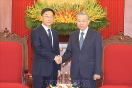 Le secrétaire général et président Tô Lâm (à droite) recevant le membre du Comité central du Parti communiste chinois et secrétaire du Comité du Parti communiste chinois de la région autonome Zhuang du Guangxi, Liu Ning. Photo : VNA