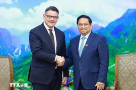 Le Premier ministre Pham Minh Chinh (à droite) serre la main du ministre-président du Land de Hesse Boris Rhein, à Hanoi, le 28 novembre. Photo : VNA