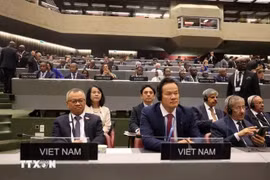 Le vice-président de la Commission des relations extérieures de l’Assemblée nationale du Vietnam, Nguyên Manh Tiên (à gauche) et les membres de la délégation vietnamienne à l’UIP-49. Photo : VNA