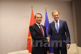 Le président de la Commission européenne (CE) Donald Tusk et l’ambassadeur du Vietnam en Belgique Vuong Thua Phong (à gauche). Photo : VNA 