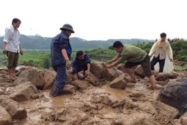 La recherche de victimes de la crue subite dans le bourg de Tam Duong. (Source : VNA)