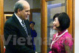 Le secrétaire d'Etat slovaque aux affaires étrangères et européennes Peter Burian et l’ambassadeur du Vietnam en Slovaquie, Mme Ho Dac Minh Nguyet (droite). (Source: Đinh Hóa/Vietnam+)