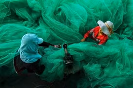 La photo montrant deux femmes cousant un filet de pêche gagne le Grand prix du 12e concours annuel de photographie, organisé par le magazine Smithsonian. 