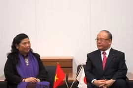 La vice-présidente de l'AN Tong Thi Phong reçoit le président de l'Alliance des parlementaires d'amitié Japon-Vietnam, Tsutomu Takebe (Photo: Thanh Tung/AVI) 