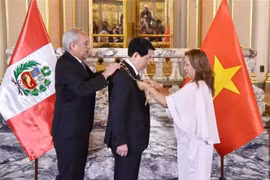 La présidente péruvienne Dina Ercilia Boluarte Zegarra a remis la Grand-Croix de l'Ordre du Soleil du Pérou au président vietnamien Luong Cuong. Photo : VNA