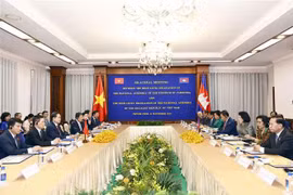 L'entretien entre le président de l'Assemblée nationale du Vietnam Tran Thanh Man et la présidente de l'Assemblée nationale du Cambodge Samdech Khuon Sudary. Photo : VNA