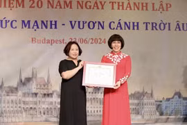 Remise du certificat de mérite à la présidente de l'Union des femmes vietnamiennes en Hongrie Phan Bich Thien
