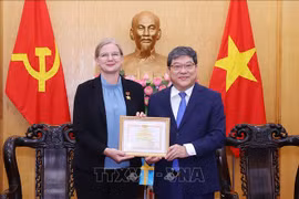 L'ambassadrice de Suède au Vietnam reçoit un insigne pour sa contribution à l'enseignement de la théorie politique. Photo : VNA