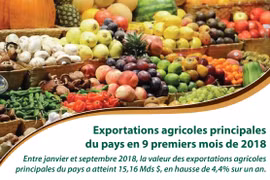 [Infographie] Exportations agricoles principales du pays en 9 premiers mois de 2018