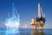 Une plateforme pétrolière (à droite) et son jumeau numérique (à gauche). Les jumeaux numériques font partie des groupes de produits et services numériques clés. Photo: Wikipédia