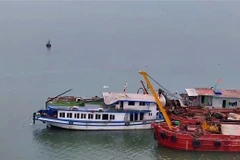 Le bateau touristique Vinh Xanh a été entièrement pompé hors de sa cale et a été remorqué jusqu'au chantier naval d'Ha Long. Photo: VNA